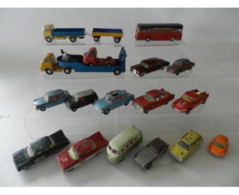 A mixed collection of 18 playworn Spot-on, Dinky and Corgi Toys. Spot-on include Vauxhall Cresta PA, Ford Consul Classic, Mor