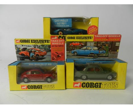 Three boxed Corgi Toy saloon cars featuring 'take off' wheels and Golden Jacks No 275 Rover 2000 TC and 34'' Mini Marcos No 3