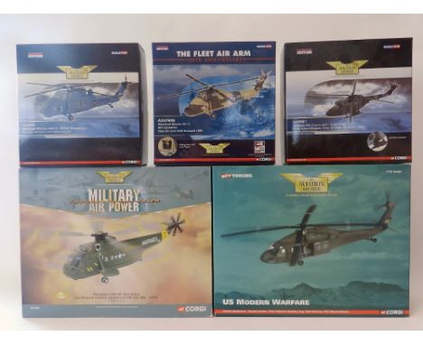 Five Corgi Aviation Archive Helicopters AA33405 Sea King (US Marine), AA35901 Blackhawk (Desert Storm), AA37606 Westland Wess