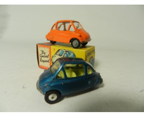 A boxed Corgi Toys No 233 Heinkel Economy Car in metallic blue together with a second unboxed example in orange