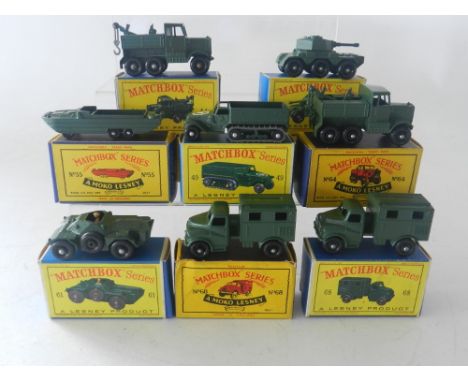 Eight boxed Matchbox Military Series models- No 61a Scout Car, No 68a Radio Truck, early and later boxes, No 64 Recovery Trac