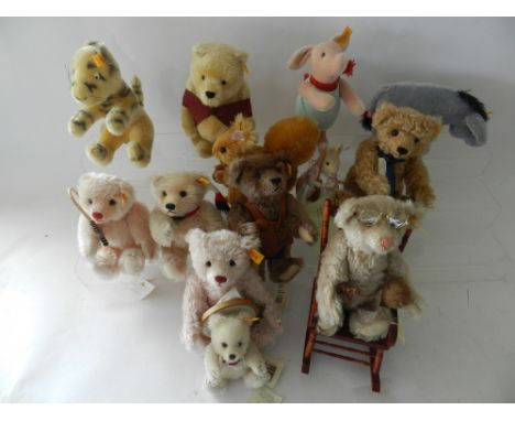 Four Steiff Winnie The Pooh characters, Winnie, Piglet, Tigger and Eeyore with 7 Family bears-Chester, Frances, Oscar, Ben, S