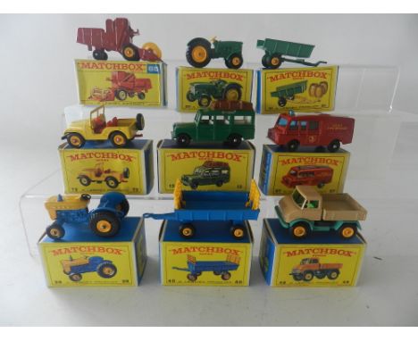 Nine boxed Matchbox 1-75 series farm vehicles to include No 39 Tractor, 40 Trailer, 49 Unimog 72 Jeep, 12 Land Rover, 57 Land