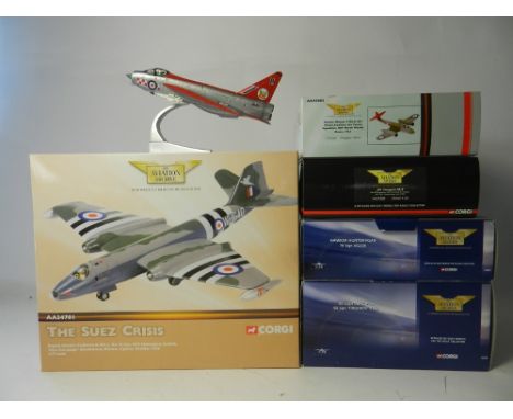 Five boxed Corgi Aviation Archive jet military aircraft- 49401 EE Lightning, 49801 Hawker Hunter, AA35002 Gloster Meteor, AA3