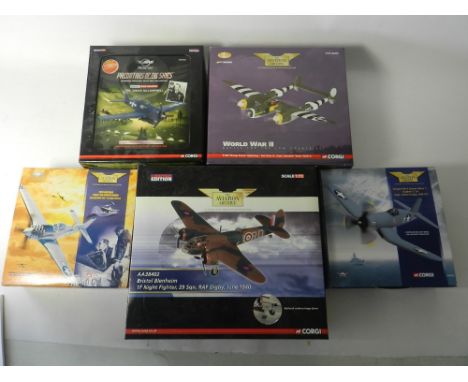 Five boxed Corgi Aviation Archive models AA34802, Bristol Blenheim (RAF) AA48301 P51D Mustang (76th fighter group) AA36602 Li