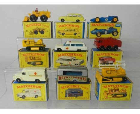 Nine boxed Matchbox Series models to include No 43b Tractor Shovel,  No 38b Vauxhall Victor, No 52b BRM Racing Car, No 8c Cat