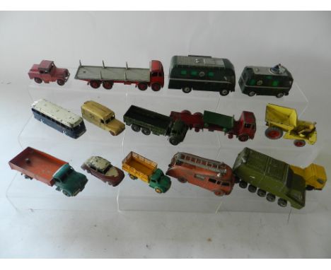 Sixteen unboxed Dinky Toys, suitable for spares or restoration to include a Foden chain lorry, Leyland Comets, BBC Broadcast 