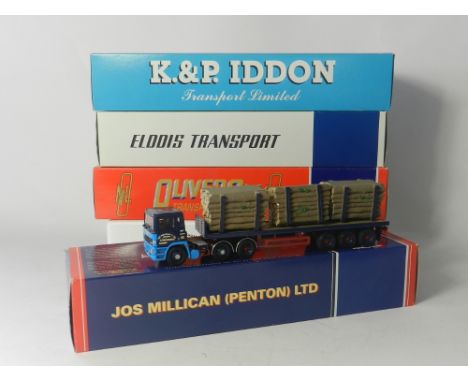 Four boxed Corgi 1:50 Scale trucks CC11912 K&P Iddon (ERF) CC13103 Elddis (Volvo) CC12222 Olivers (Scania) CC11905 J.Millican