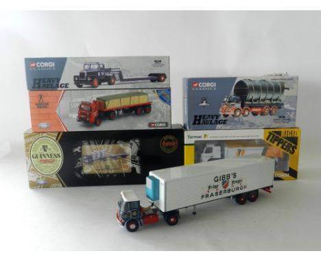 Six boxed Corgi vehicles to include CC12503 Gibbs of Fraserburgh, Volvo in Tarmac livery, AEC and trailer in 'Guinness' liver
