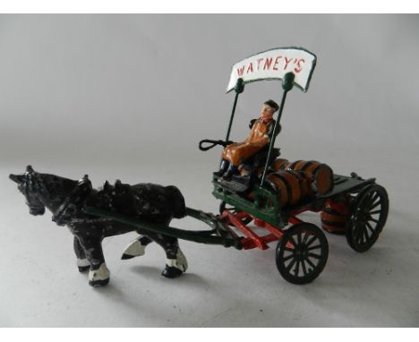 A Brewer's Dray model by F.Taylor & Sons consisting of horse and cart, separate seat, driver with whip, unloading ramp, barre