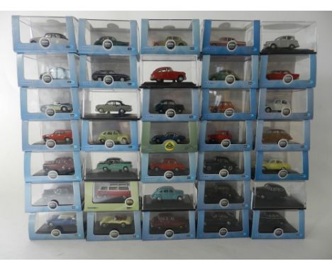 Thirty five boxed Oxford Diecast saloon cars in 1:76 scale to include models of Vauxhall, Morris, Ford, Triumph, Wolseley and