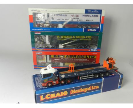 Four boxed Corgi 1:50 Scale trucks CC12218 I Craig (Scania) CC 13907 K.Abram (Foden) CC13601 R.Swain (DAF) CC 12918 Pentons (