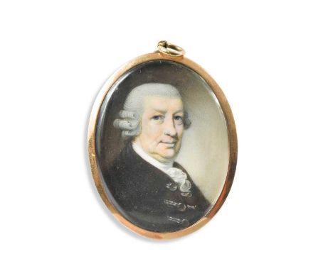 Attributed to George Engleheart (1750-1829) Portrait miniature of an elderly gentleman, facing right in a dark jacket, his ha