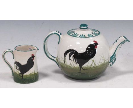 Small Wemyss teapot and jug, painted with black cockerels, teapot 12cm high