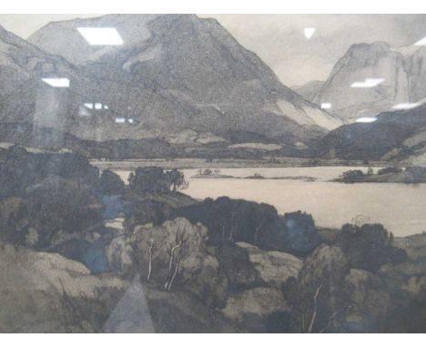 L R Squirrel, Lakeland landscape, aquatint, 1937, signed below, 22cm x 35.5cm and a watercolour by Mary Frame, 22.5cm x 53