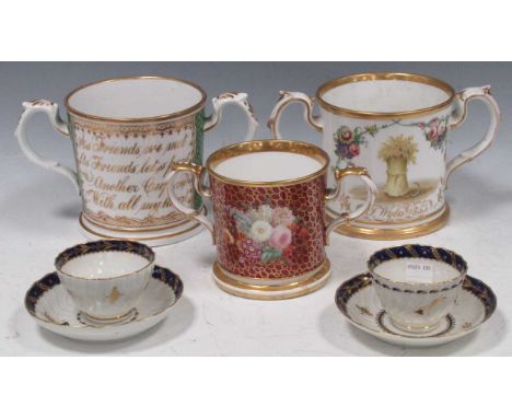 Three mid 19th century English loving cups and a pair of porcelain tea bowls, etcGeneral rubbing to gilt and light scratching