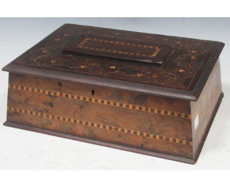 An Irish yew wood work box, 12 x 34.5 x 25cm, with a weighing scale, opera glasses and beadwork bag (qty)