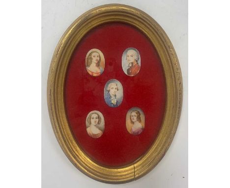 Five portrait miniatures on ivory in a common mount, late 19th century, frame 21cm highThis item is offered for sale in accor