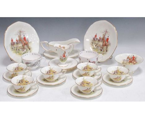 A collection of Royal Worcester hunting scene table wares designed by T. Ivestor Lloyd to include six tea cups and saucers, t