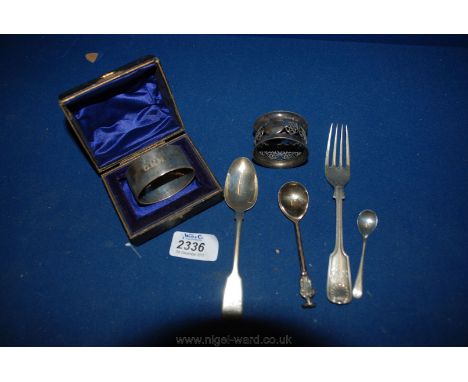 A cased Napkin RIng, plus one other, three spoons and small fork