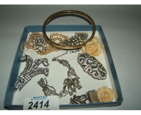 Miscellaneous art deco paste clips, clasps, etc., and a rolled gold Bangle, made in Baden