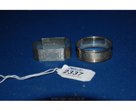 Two Silver napkin rings, with engine turned decoration, one with the name 'Jack', the other 'J.A.B.'