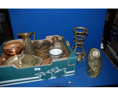 A box of miscellaneous brass including Boot, Bull Dog, copper Vase, Bells, plated Dishes, hanging light, Wine Cooler, etc.