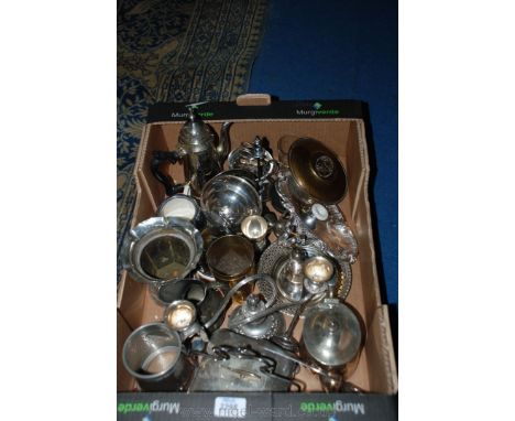 A quantity of plated items including Inkwell, plated circular Butter Dish, Sardine covered Dish and Fork, Tankards, beakers, 
