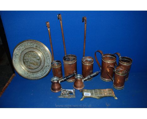 A set of eight copper and brass Measures, Eastern Tray, Cribbage Board and Letter Rack 