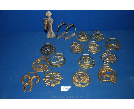 Fourteen Horse Brasses including The Fat Boy, Oliver Twist, two small stirrups, and a Door Knocker in the form of a horse's h