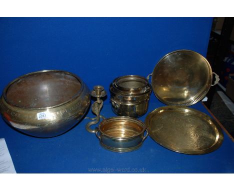 An Indian Brass 'cobra' Candlestick, large patterned Bowl, graduated set of brass plant pot holders, circular 'Egyptian' patt