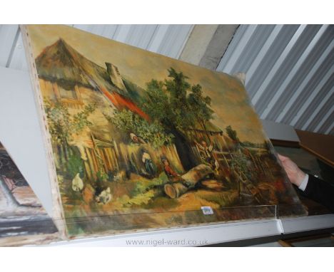 An unsigned Oil on canvas of a rural scene with children playing, 24'' x 26''.