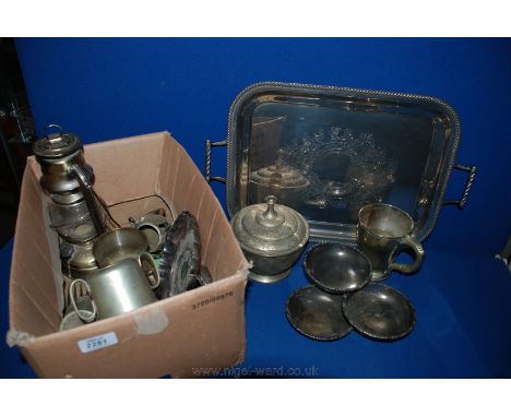 A quantity of plated items including tray, tankards, lantern, fish knife and fork, etc.,