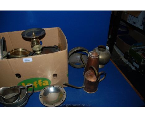 A quantity of brass and metals including Candlesticks, copper Water Jug, brass Trowel and Fork, Epns Sugar Bowl and Milk Jug,