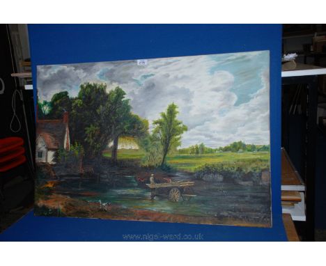 A large unframed Oil on canvas being a copy of The Haywain signed lower right Morgan