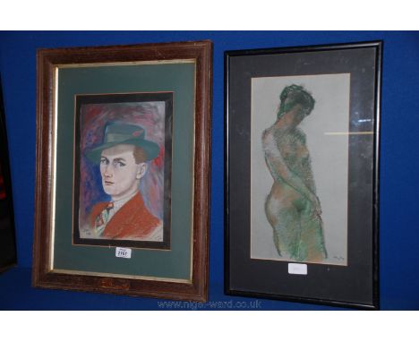 A Pastel portrait of a well suited man in a trilby hat inscribed London, May 1938, monogrammed, together with a signed Crayon
