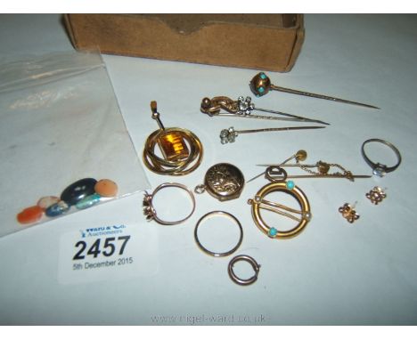 Miscellaneous yellow metal items including Stick Pins, Locket, Pendant, Rings, etc.,  plus three un-mounted opals and three t