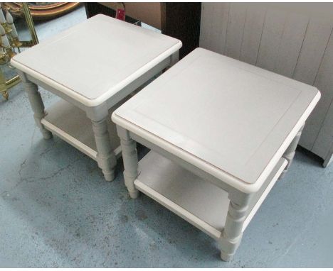 LAMP TABLES, a pair, in Farrow and Ball grey distressed effect painted finish, 53cm x 53cm x 47cm H. (2)