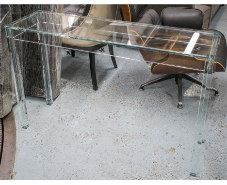 SIDE TABLE/ CONSOLE TABLE, Italian plate glass and square supports, 72cm H x 120cm W x 35cm D. 