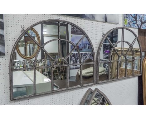 WALL MIRRORS, a pair, architectural design arched top metal frames with wall fixings, 70cm H x 88cm. (2)