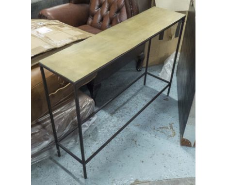 CONSOLE TABLE, with brass effect top on metal supports, 99cm x 25cm x 70cm H.