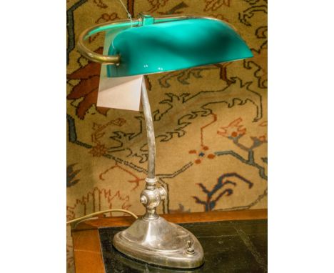 VINTAGE BANKERS LAMP, early 20th century Art Nouveau silvered metal framed with adjustable blue glass shade and stem, 40cm H.
