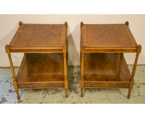LAMP TABLES, a pair, Georgian style yewwood of two square tiers, each with single drawer, 57cm H x 45cm. (2)