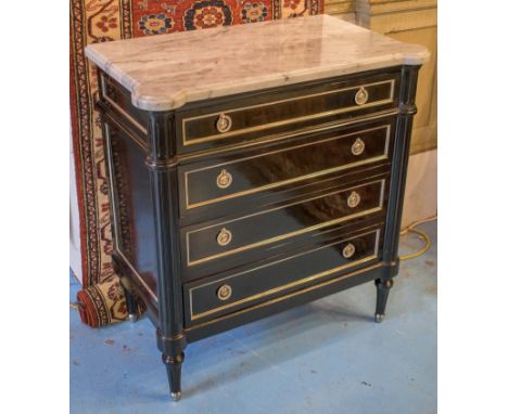 COMMODE, French Directoire style ebonised and silver metal mounted with marble top above four long drawers, 80cm x 47cm x 86c