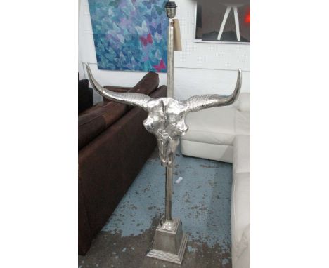 STANDARD LAMP of a bull skull, in chromed metal finish, 153cm H.