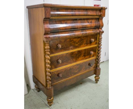 SCOTCH CHEST, Victorian mahogany circa 1870, with two shaped drawers above three others flanked by barley twist columns, 150c