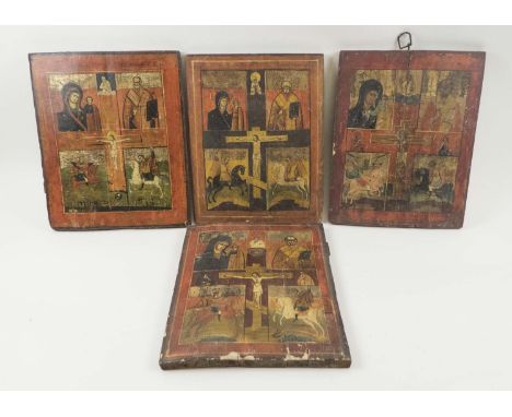 FOUR GREEK ICONS, of similar configuration, each naively painted on wooden panel in four registers around a crucifixion scene