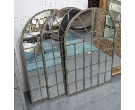 GARDEN MIRRORS, a set of three, architectural in a verdigris metal frame, 78cm x 49cm. (3)