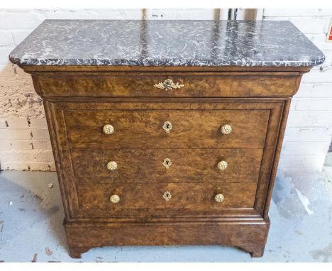 HALL COMMODE, 19th century French Louis Philippe burr walnut with marble top above five long drawers and gilt metal mounts, 9