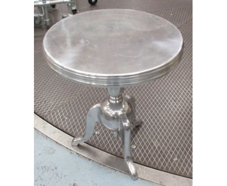 CENTRE TABLE, circular in polished aluminium on tripod supports, 56cm Dia x 66cm H.